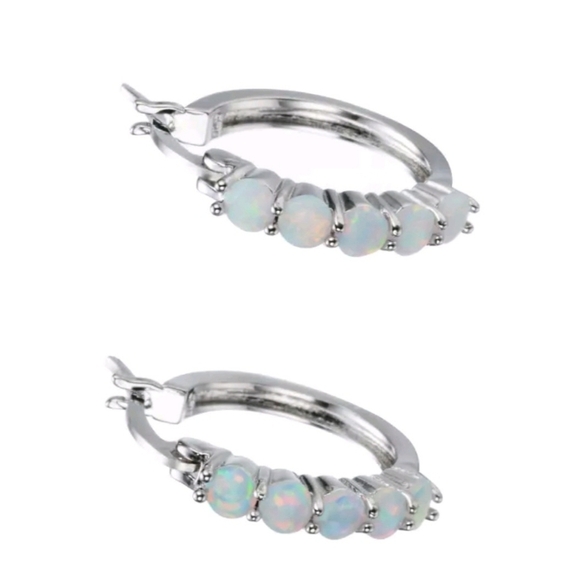 Silver Hoop Earrings with Opal Accents - Picture 2 of 2